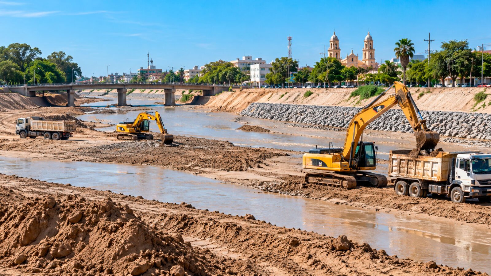 Maquinaria pesada realizando trabajos de descolmatación y retiro de sedimentos en el cauce del río Piura.