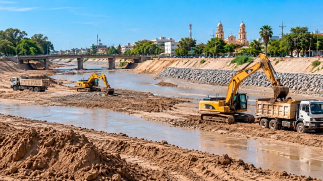 Maquinaria pesada realizando trabajos de descolmatación y retiro de sedimentos en el cauce del río Piura.